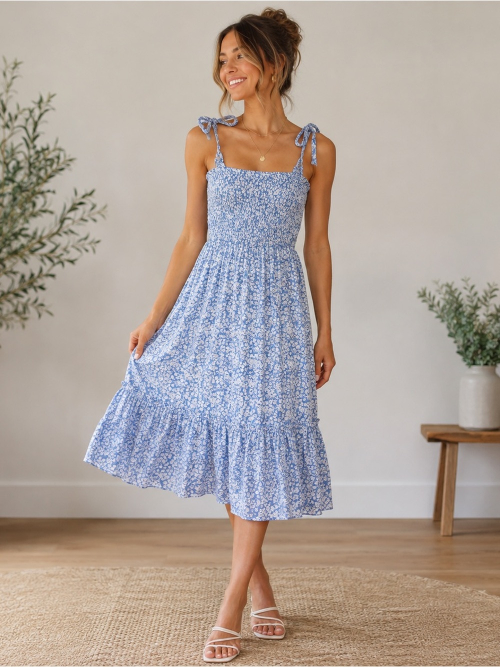 Lost + Wander Bluebelle Floral Smocked Midi Dress Womens Small CottageCore